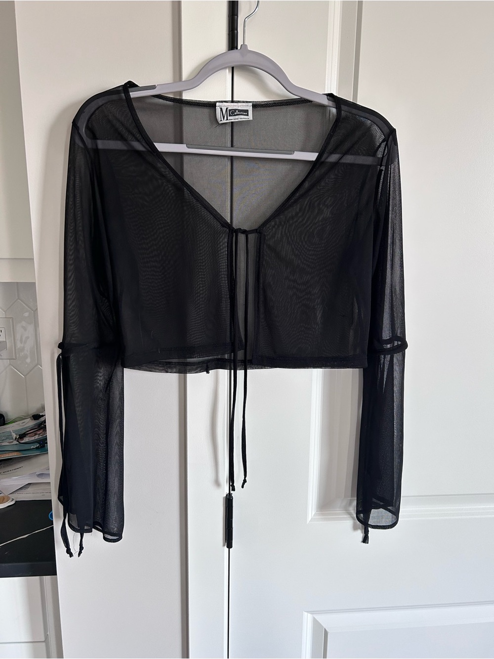 Vintage M Collection 90s Sheer Mesh Tie-Front Cropped Black Top Y2K Festival